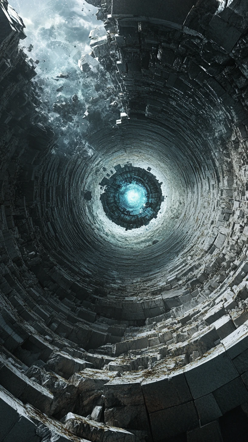 Cerchi di pietra a strati con cristallo blu in uno spazio astratto