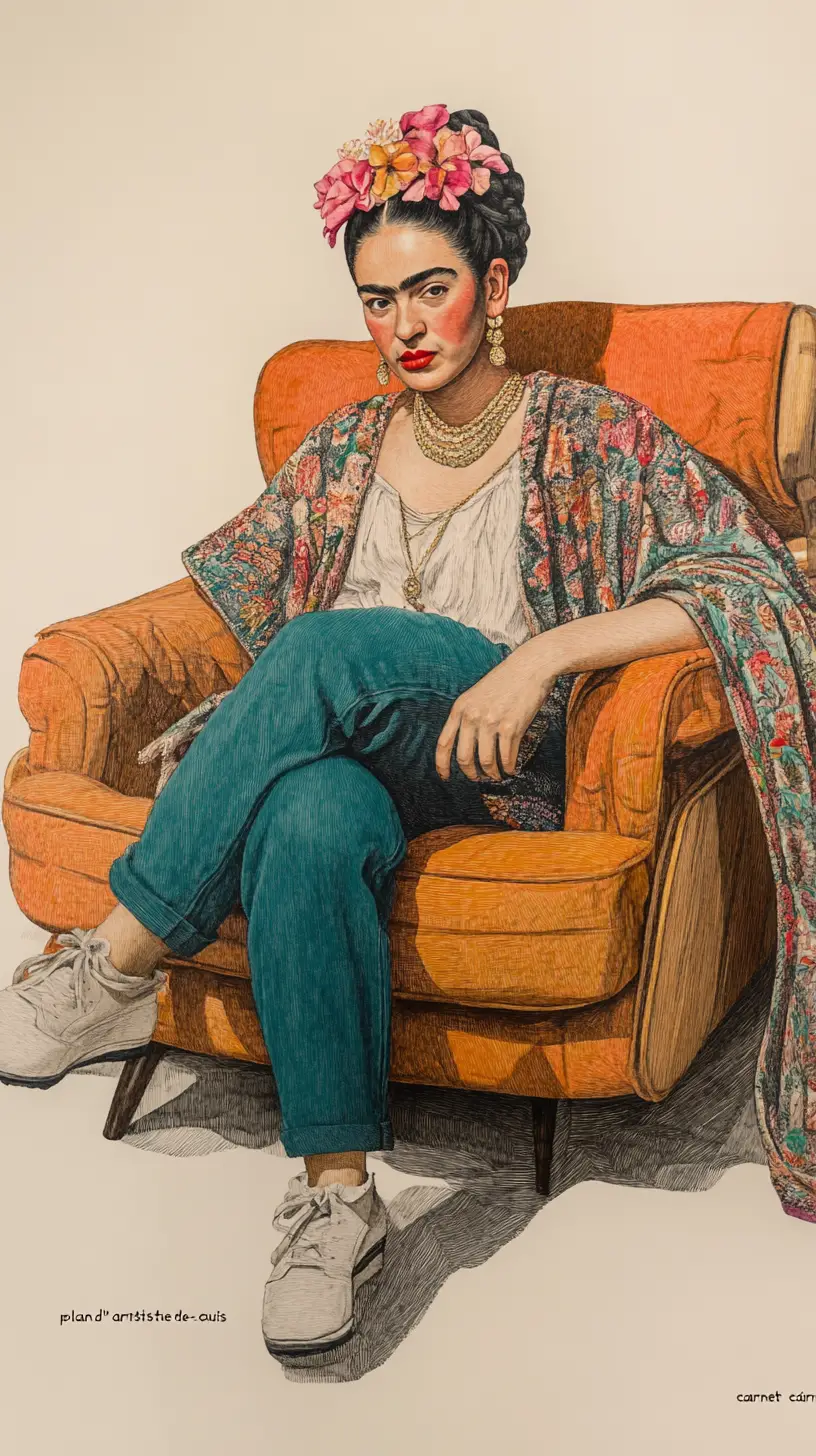 Frida inspired woman in ink sketch seated on lounge chair