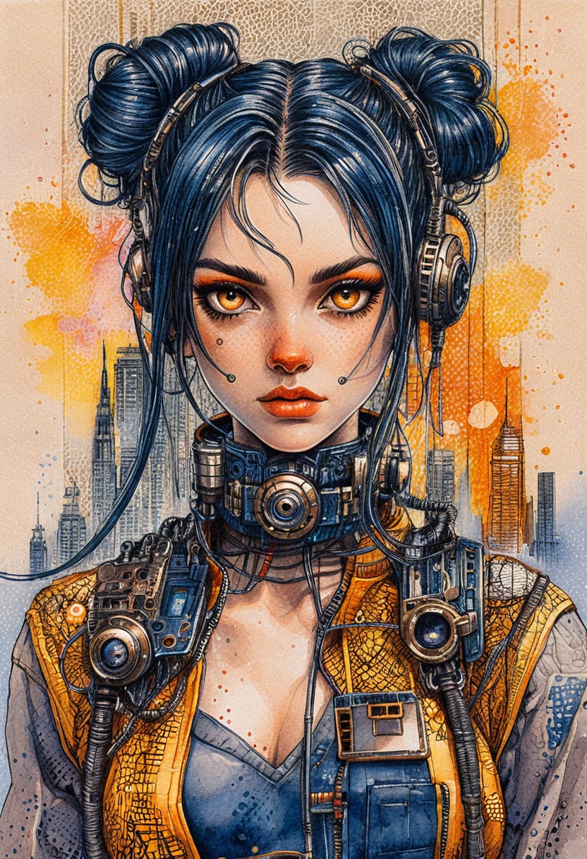 Cyberpunk girl portrait in comic ink and pencil style