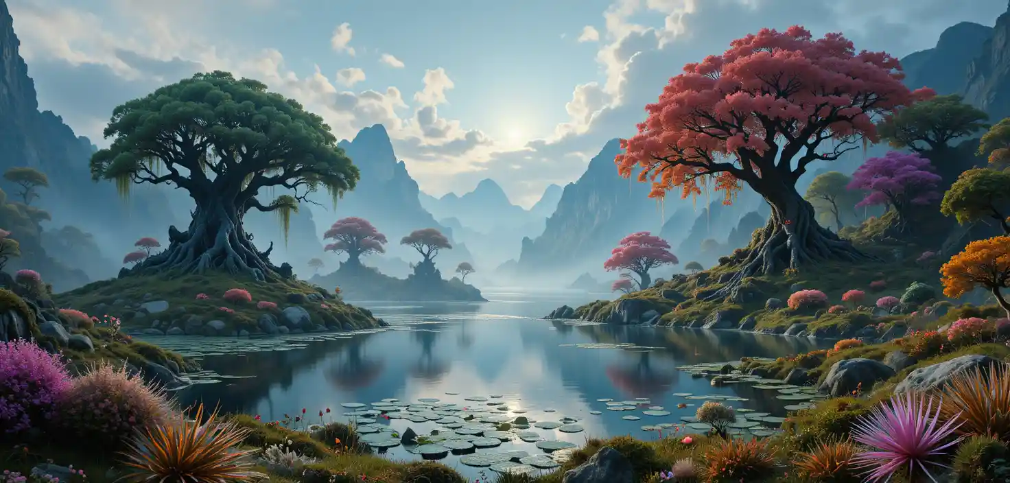 Dreamlike fantasy trees over misty water at sunrise