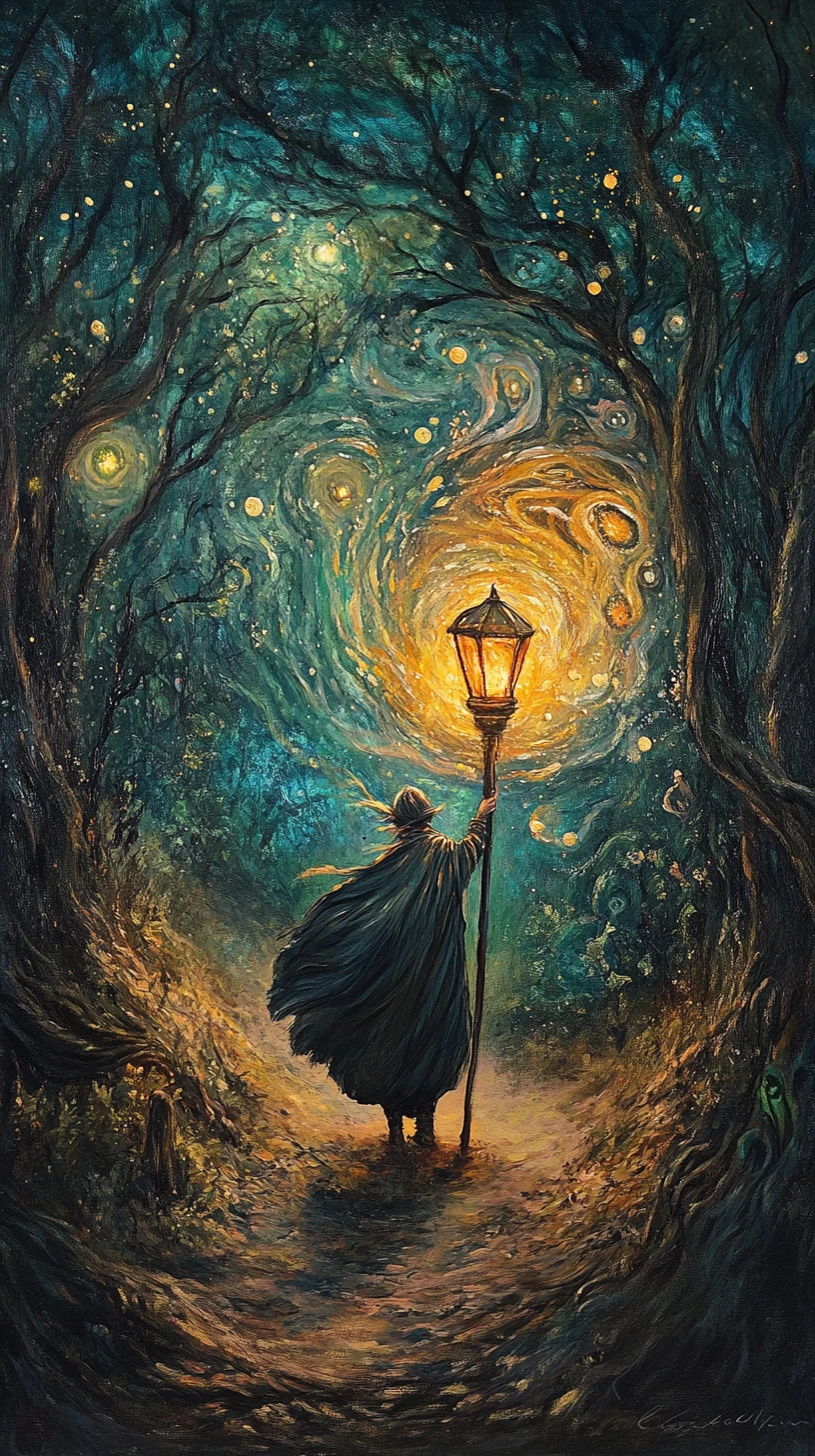 Woodland spirit with lantern painting a swirling forest