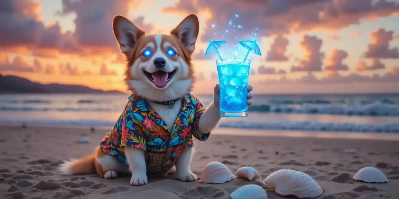 Corgi In Hawaiian Shirt Relaxing With Tiki Drink At Beach