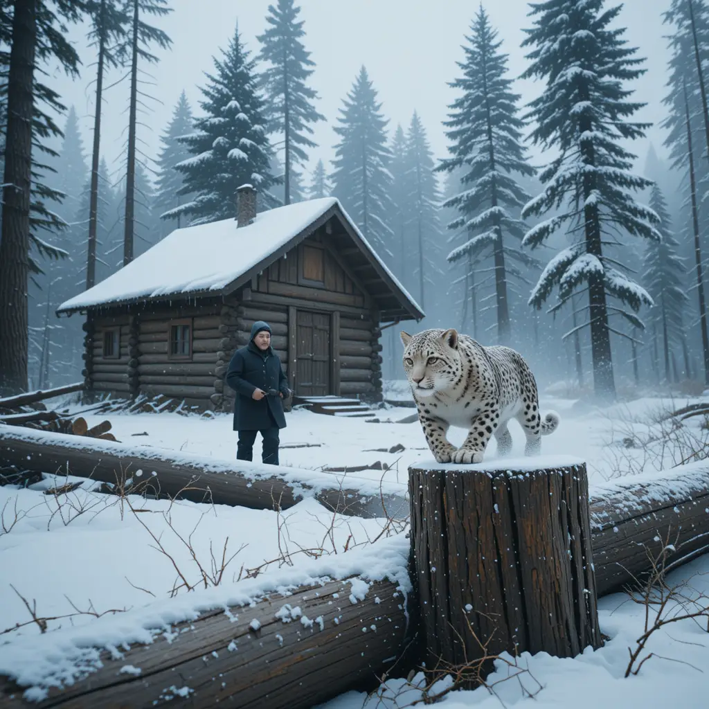 Snow leopard runs toward woodsman in snowy forest clearing