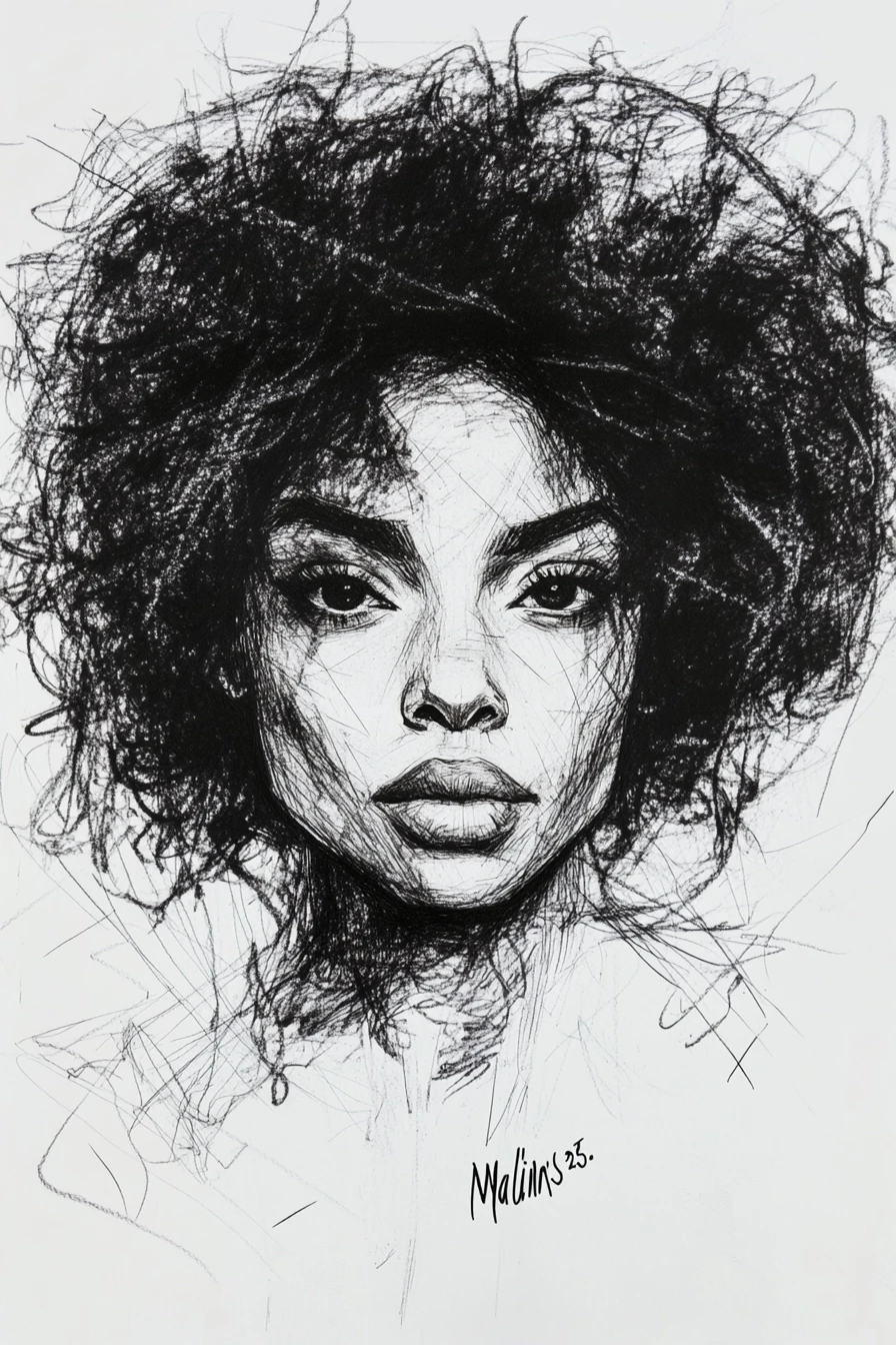 Textured graphite portrait of a black woman with afro bun