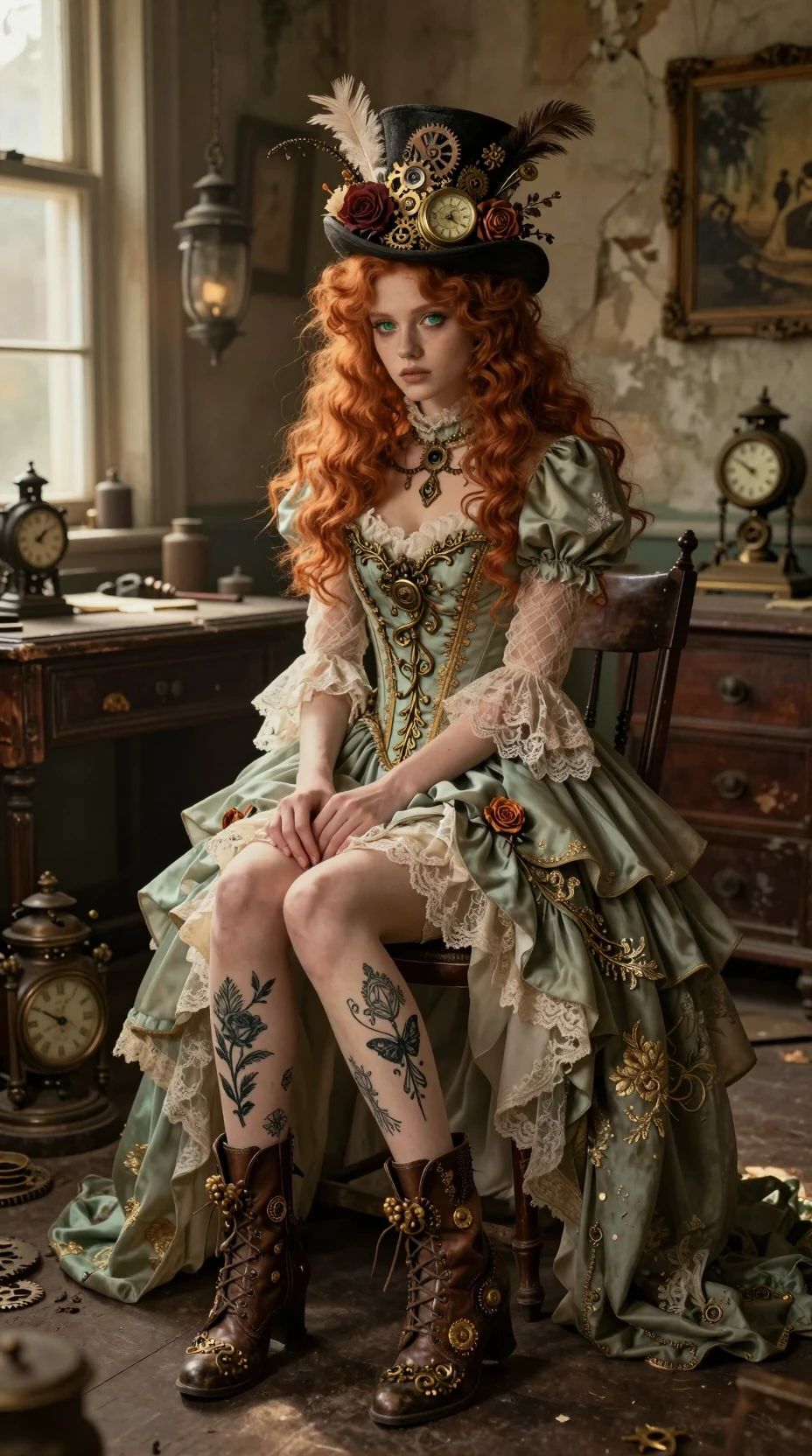 Mujer pelirroja con vestido steampunk en taller victoriano