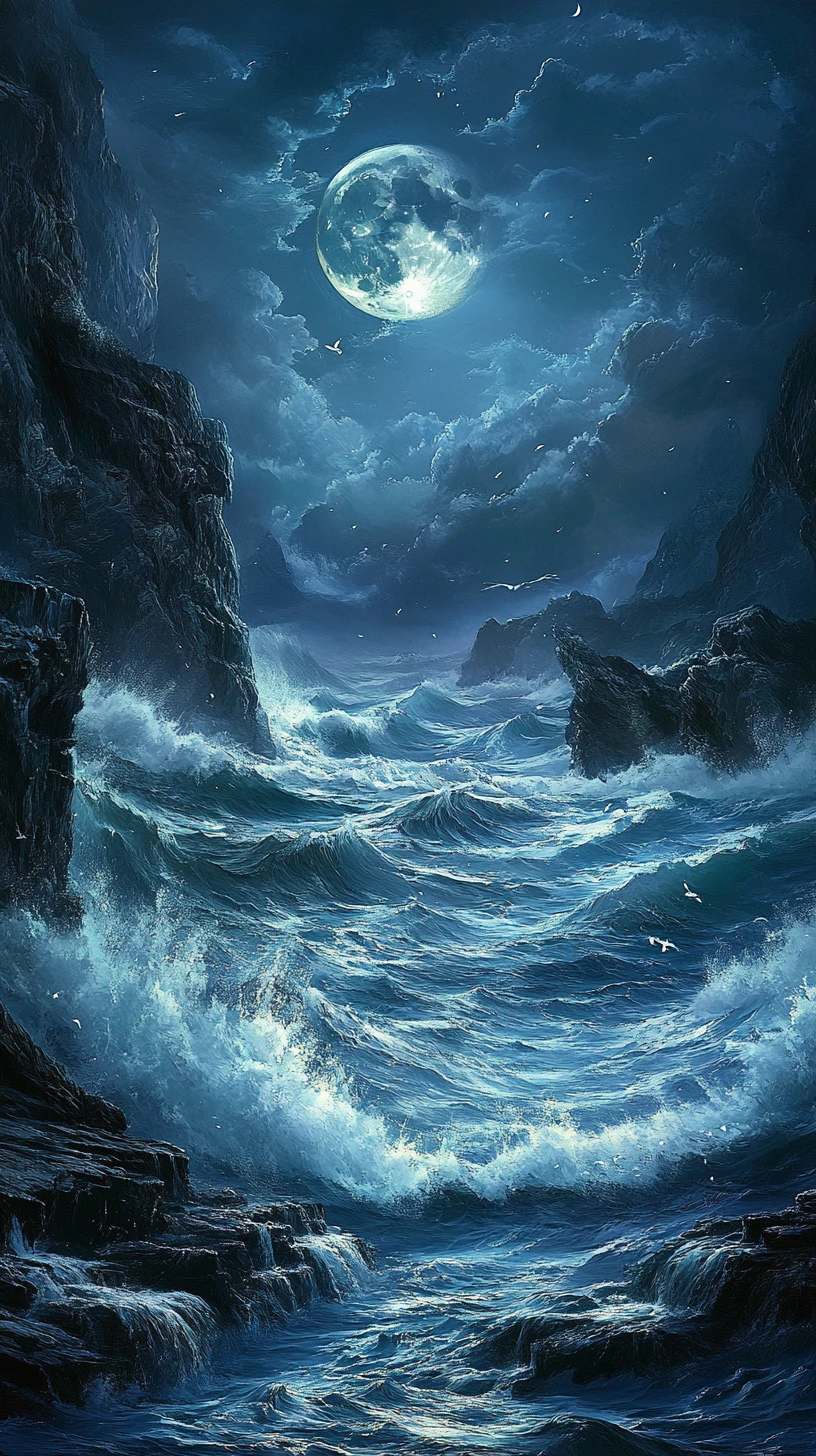 Dramatic moonlit ocean waves against towering rocky cliffs