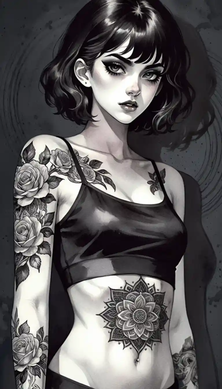 Donna gotica in stile anime con tatuaggi in un drammatico ritratto monocromatico