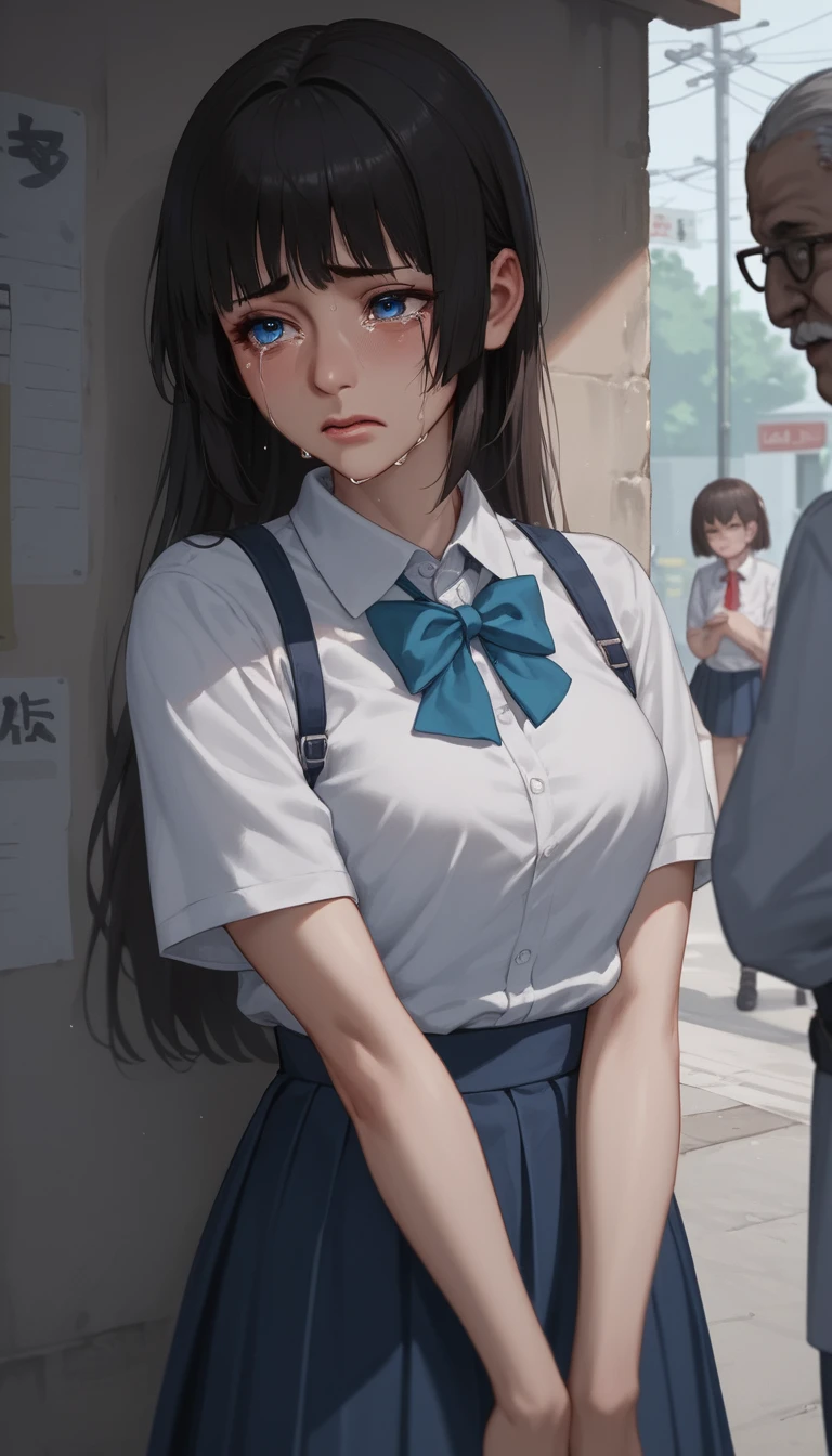 Crying anime schoolgirl with blue eyes being hugged