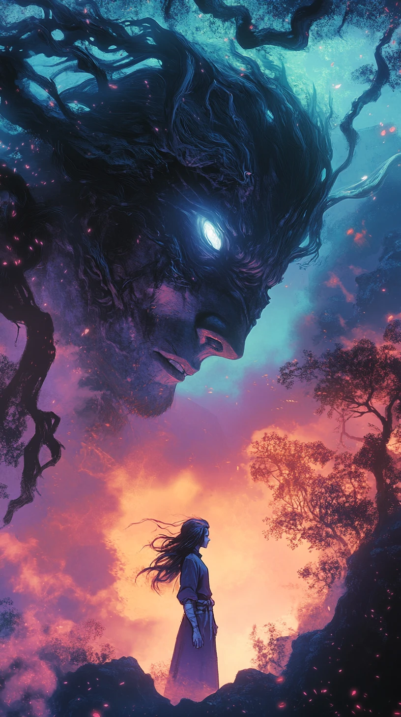 Young girl facing sorceress in a dark mystical forest