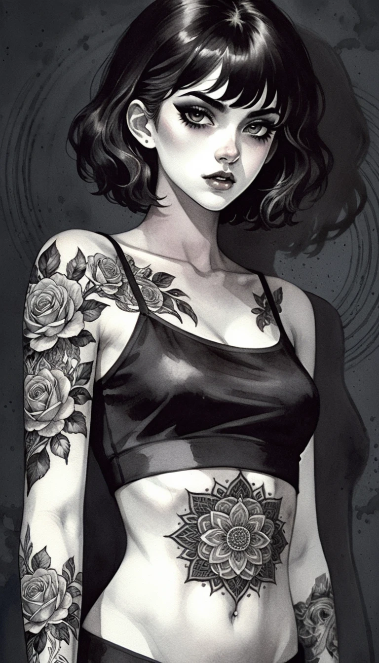 Gothic anime woman with tattoos in dramatic monochrome portrait