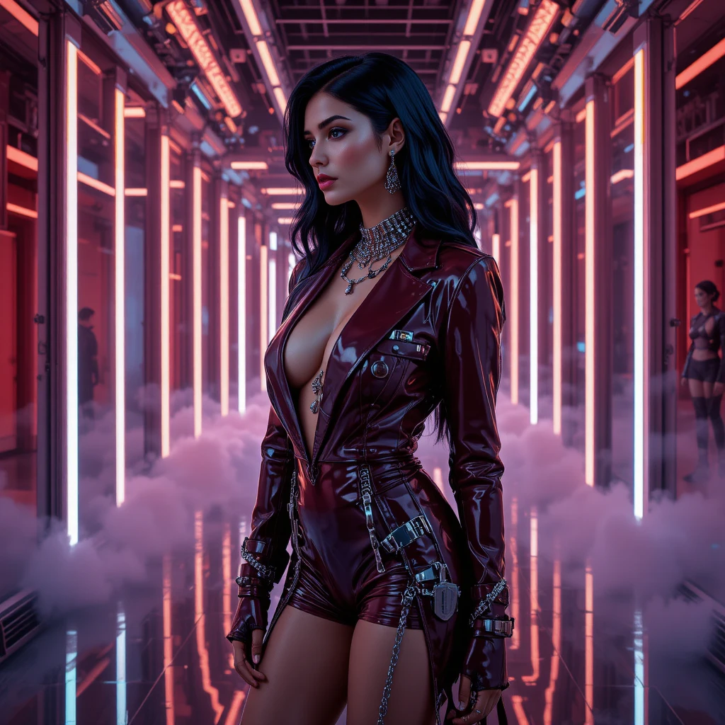 Cyberpunk fashion portrait of a seductive neon lit woman