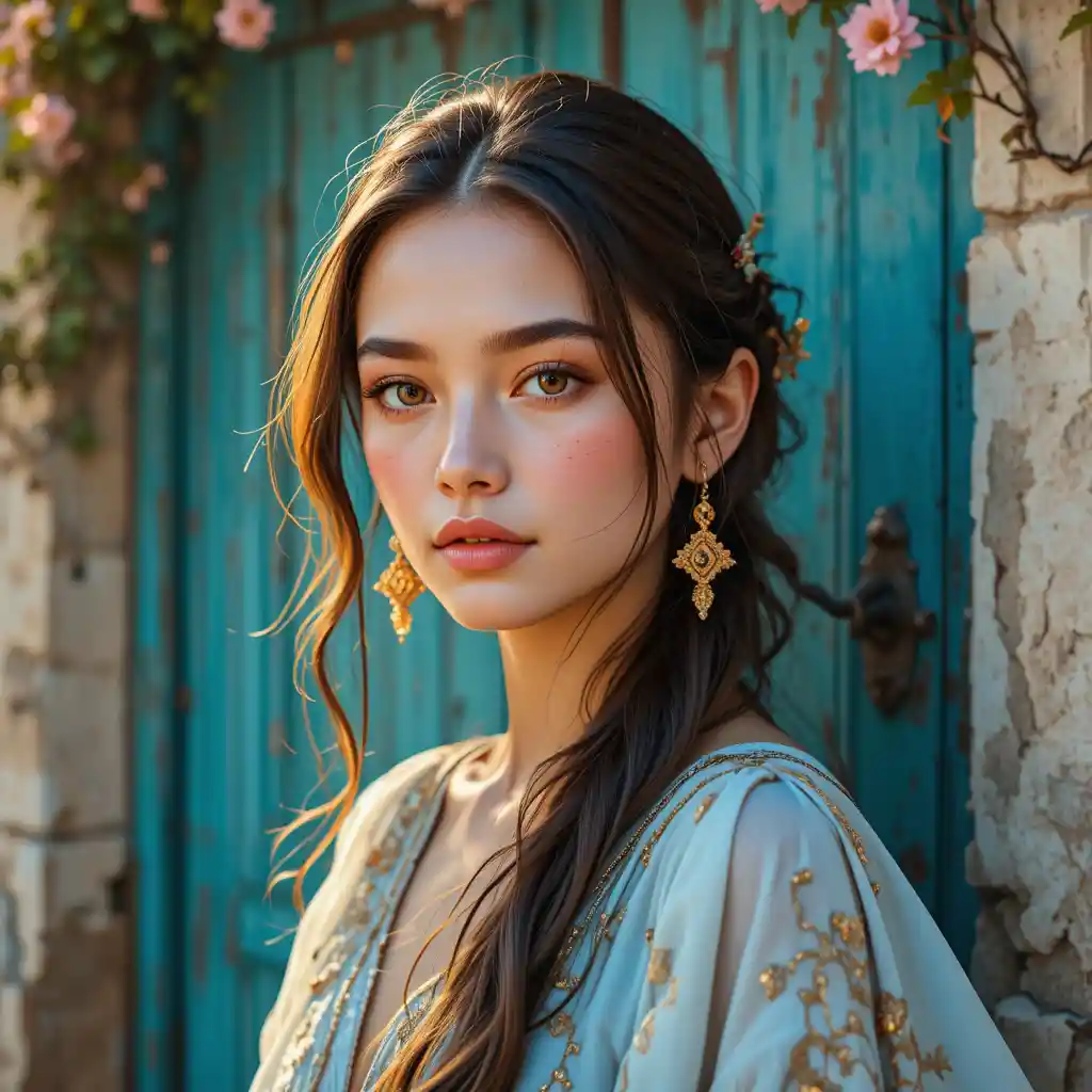 Young woman in sunlight by turquoise rustic door