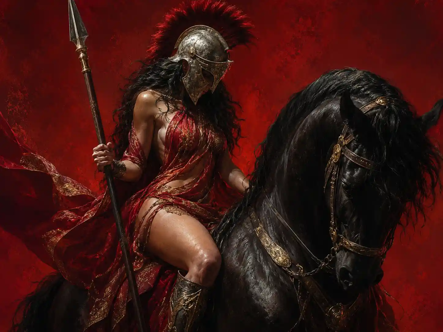 Female warrior on black horse against vivid red sky