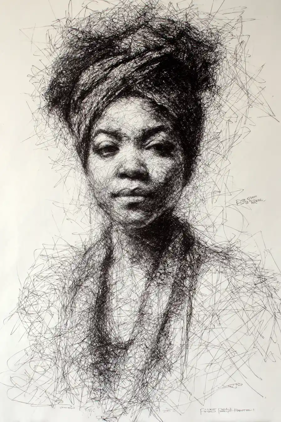 Textured sketch portrait of a black woman with afro bun