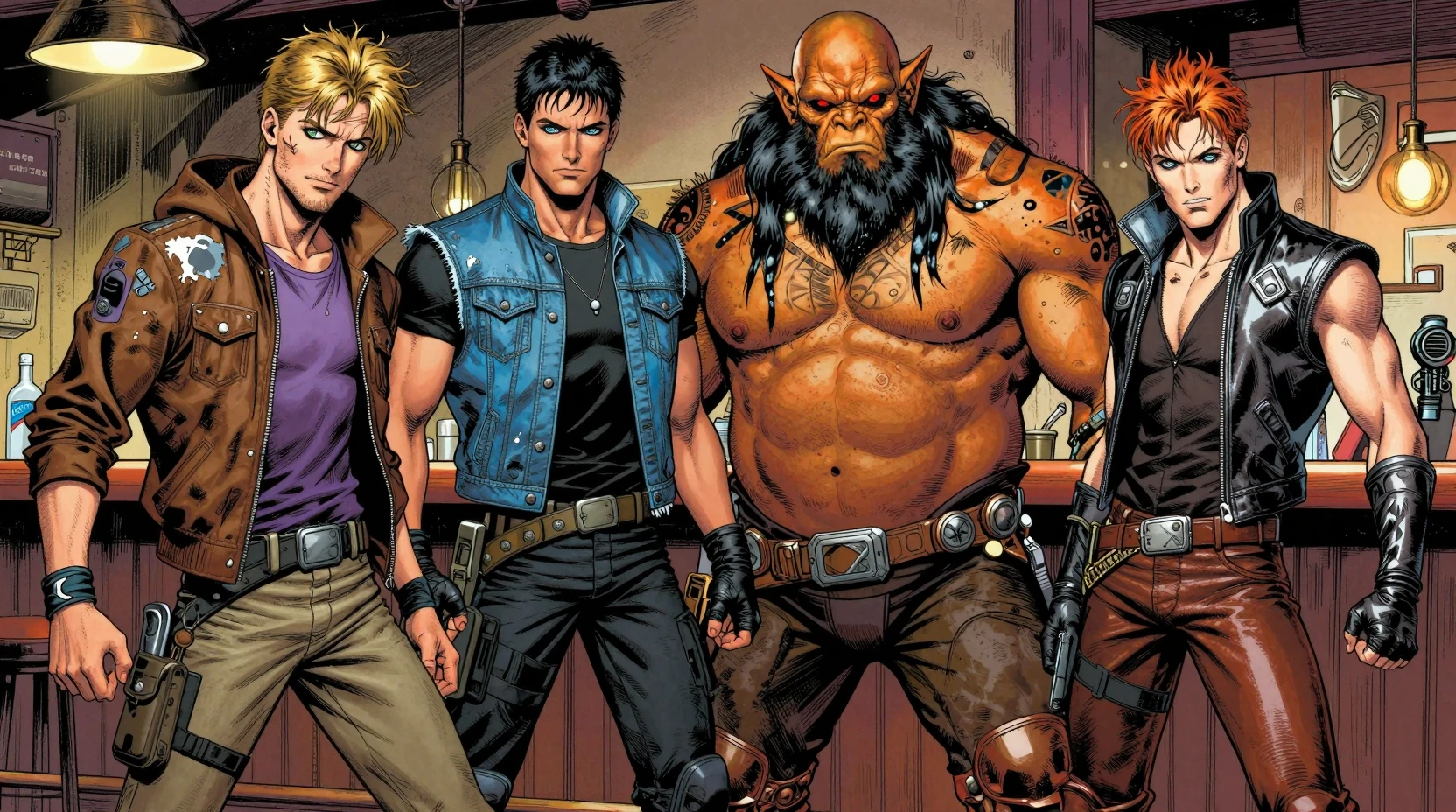 Four space fantasy heroes ready for battle in bar