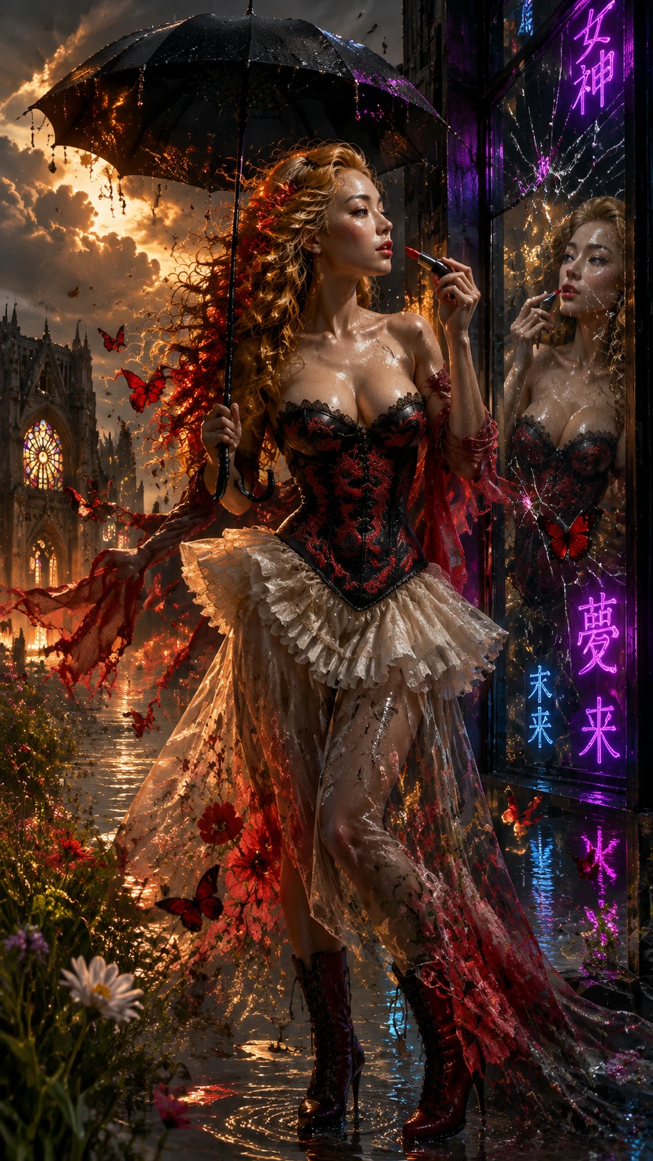 Surreal woman between wild meadow and drowning city