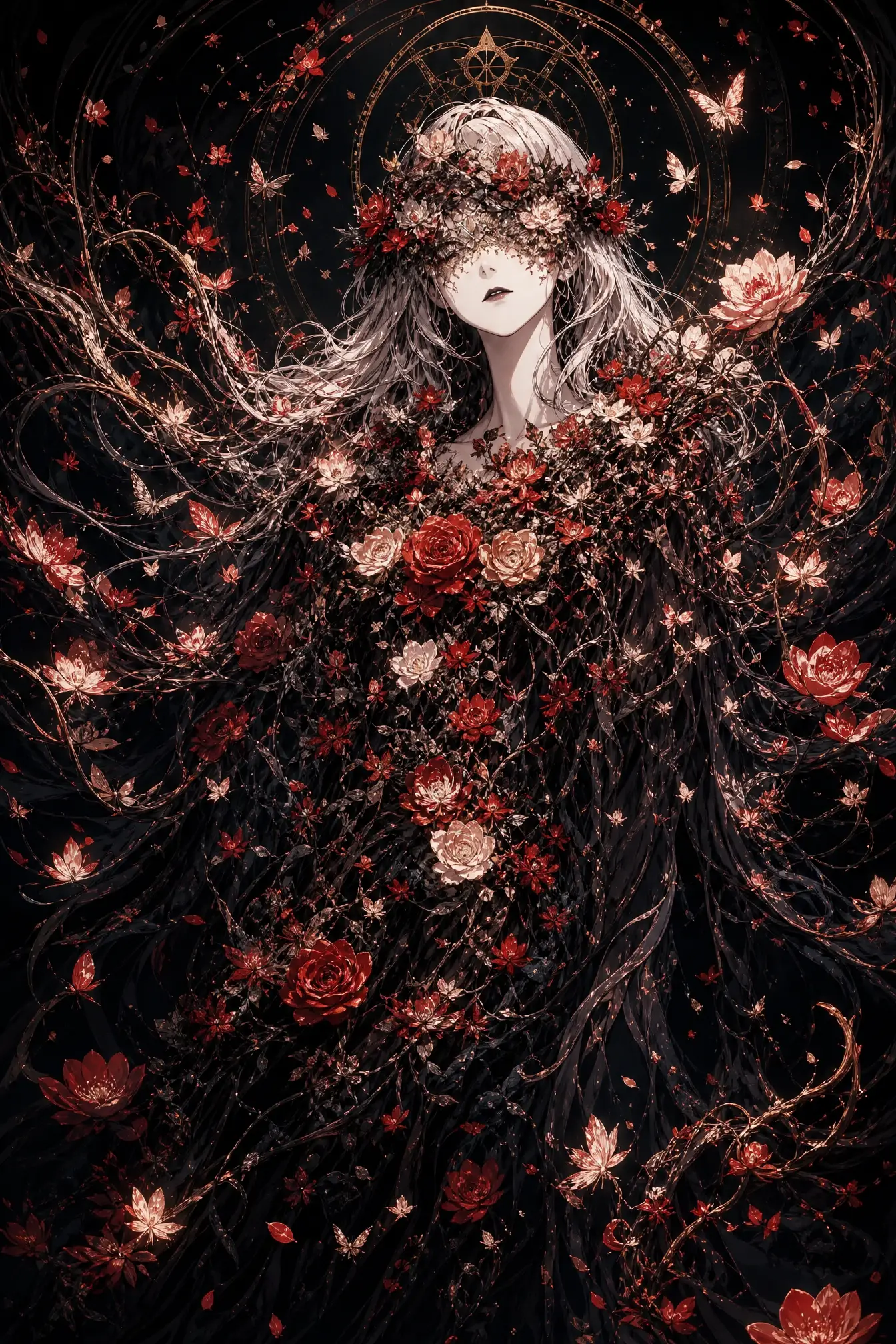 Ethereal Anime Woman Crowned In Crimson And Ivory Flowers