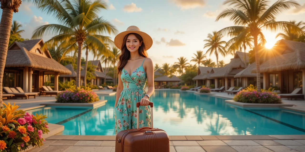Young woman walking with suitcase at tropical resort