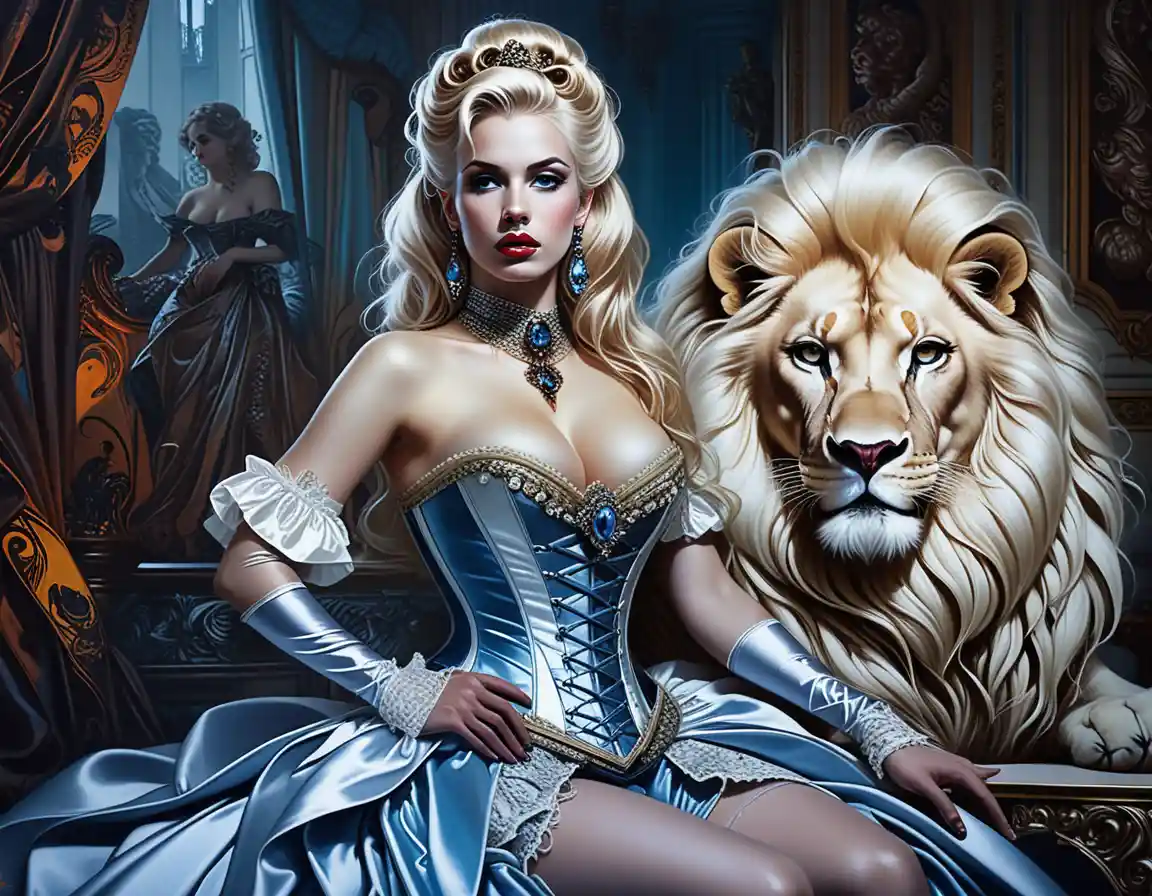 Glamorous corseted woman with white lion in neon night scene