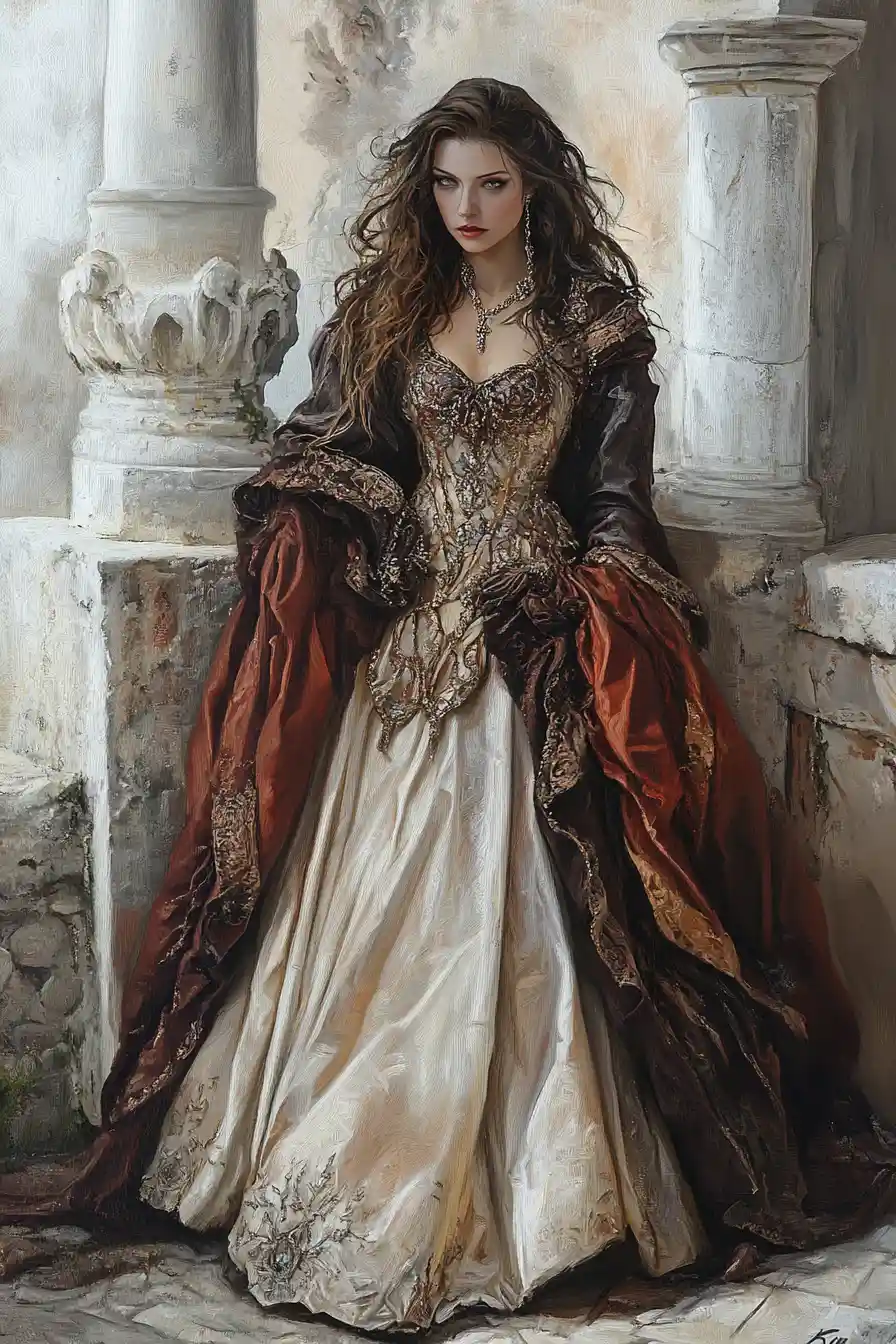 Mysterious woman in long dress before aged brick arches