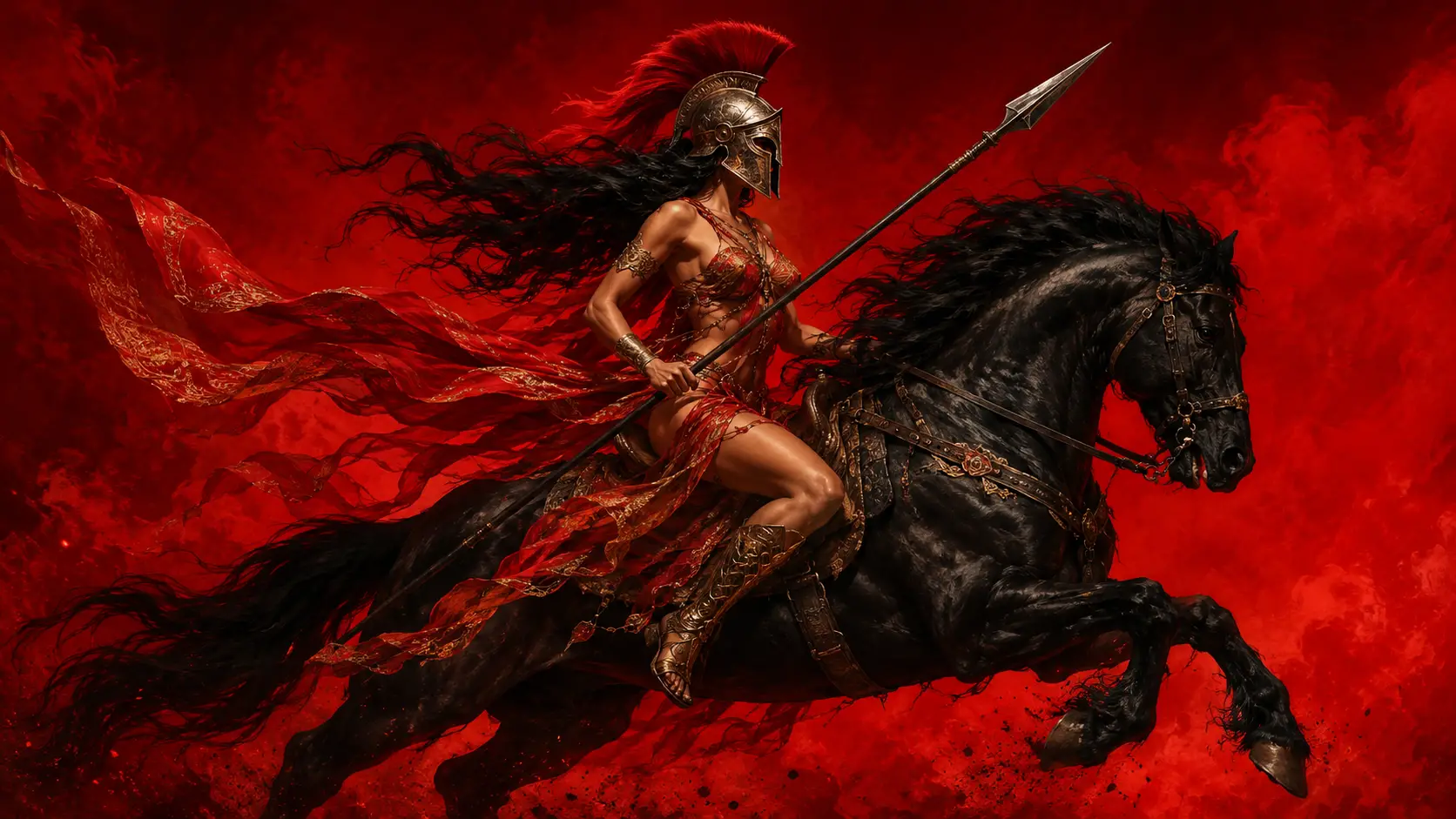 Female warrior on black horse against vivid red sky