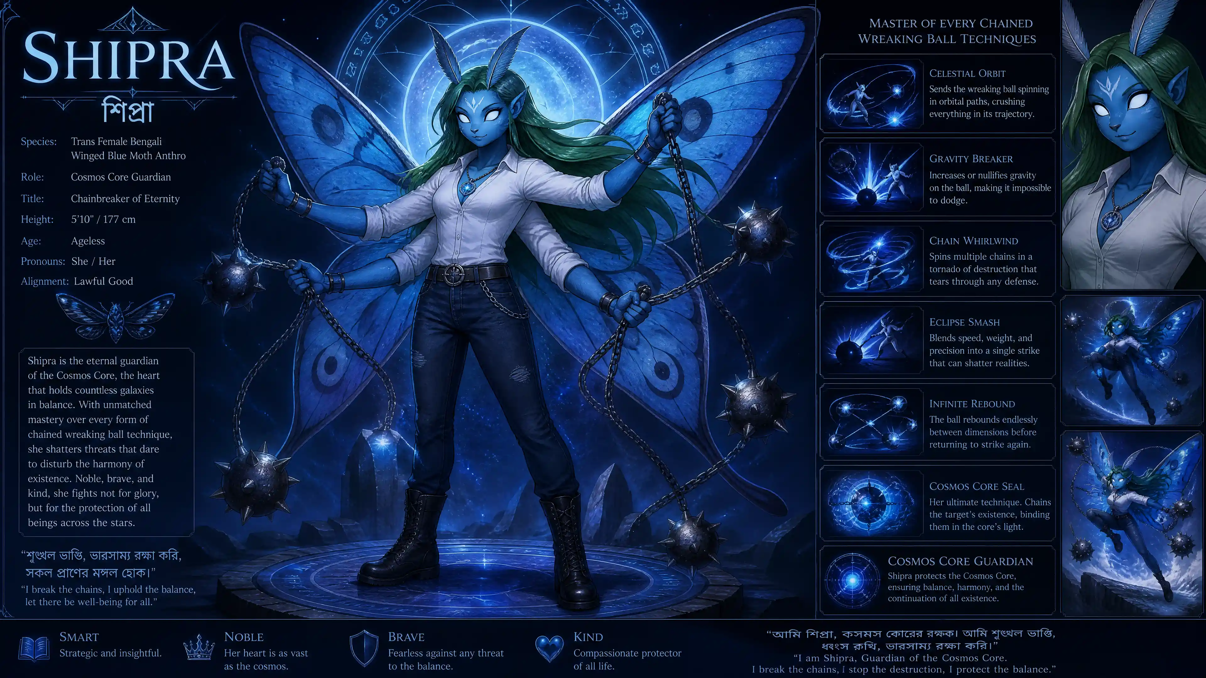 Guardiano falena blu alata con sei braccia nello spazio cosmico