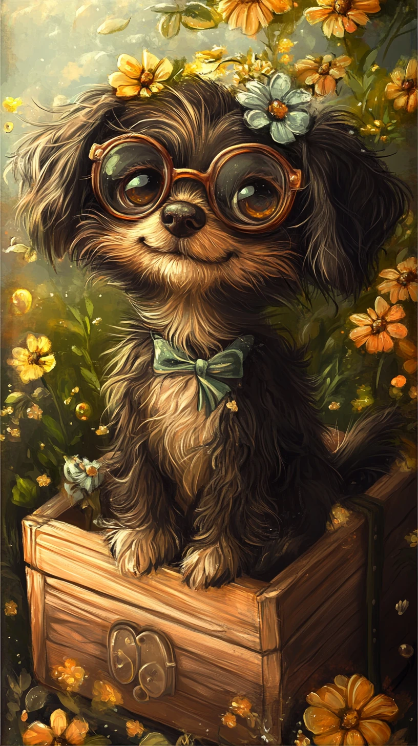 Cute fluffy dog on wooden box waiting for spring