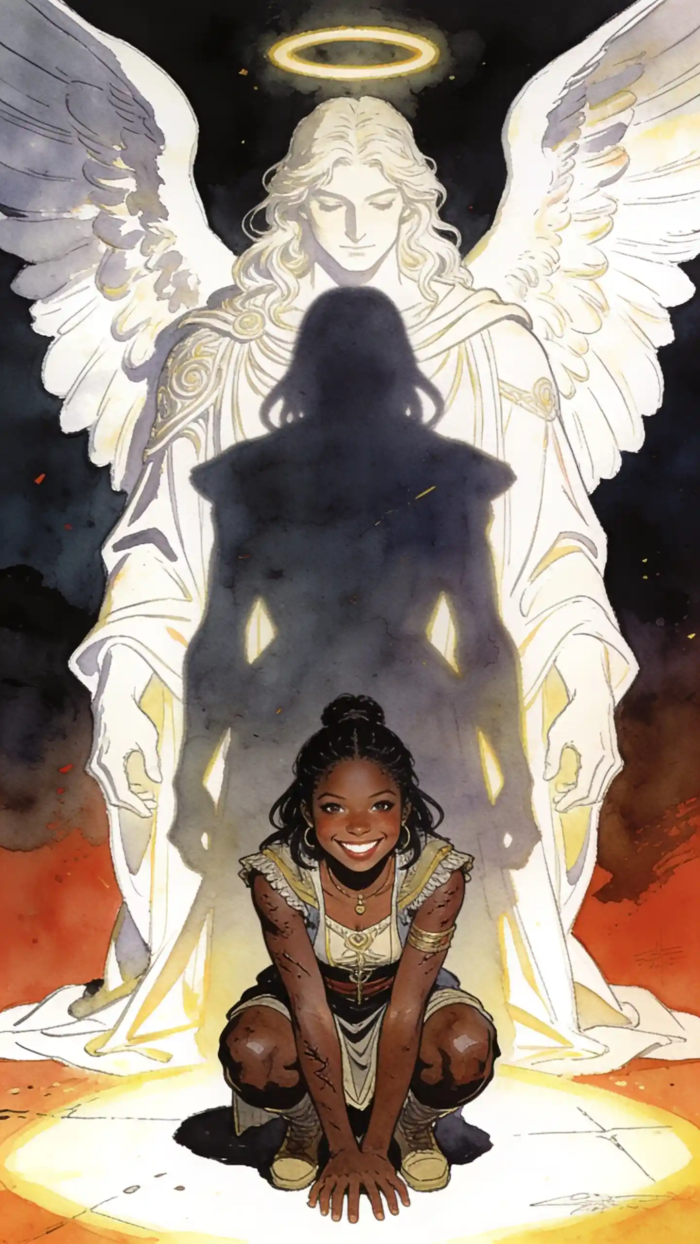 Guardian angel towering above a joyful crouching girl