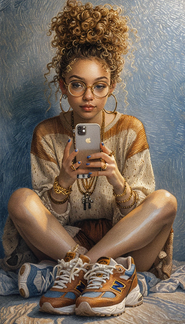 Young woman taking a mirror selfie on a cozy bedroom floor