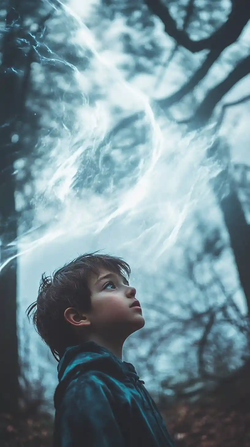 Young boy facing sorceress in an eerie mystical forest