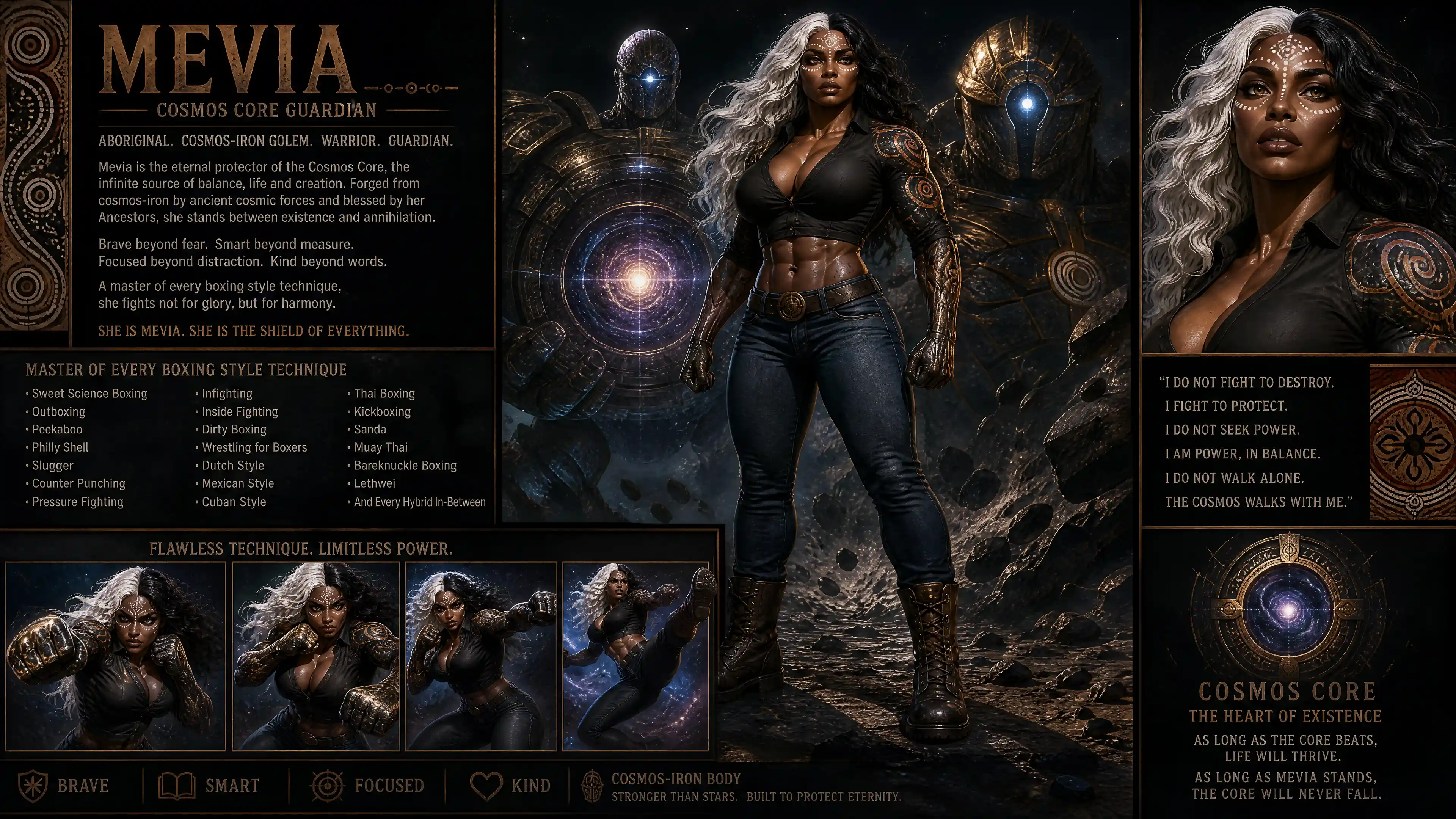 Brave cosmic woman guardian with iron golem body