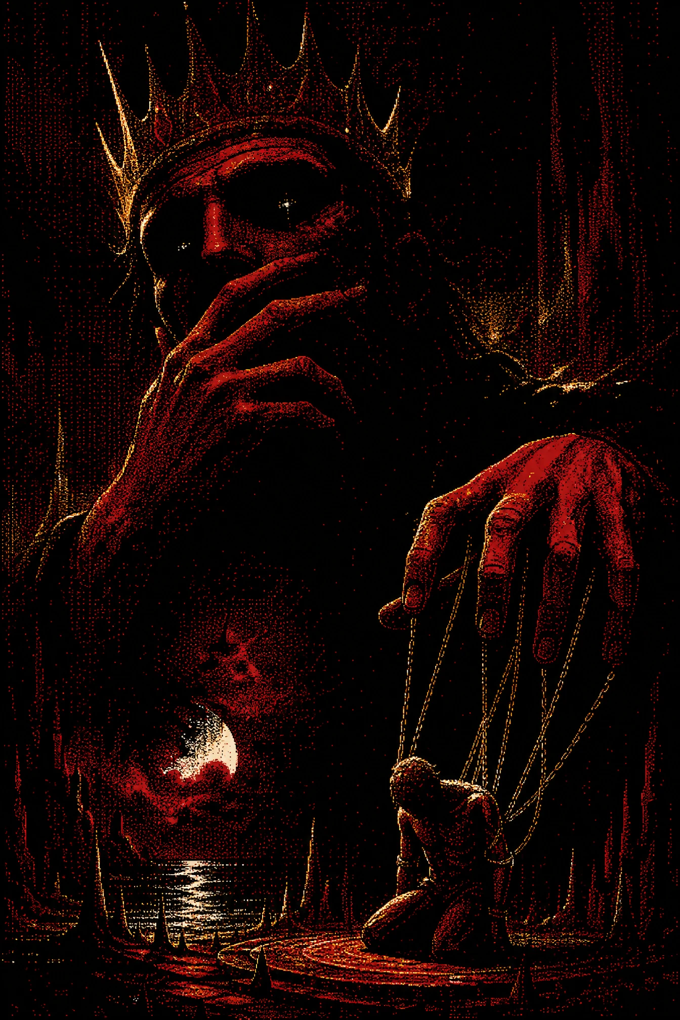 Crimson and gold light against a stark dark void
