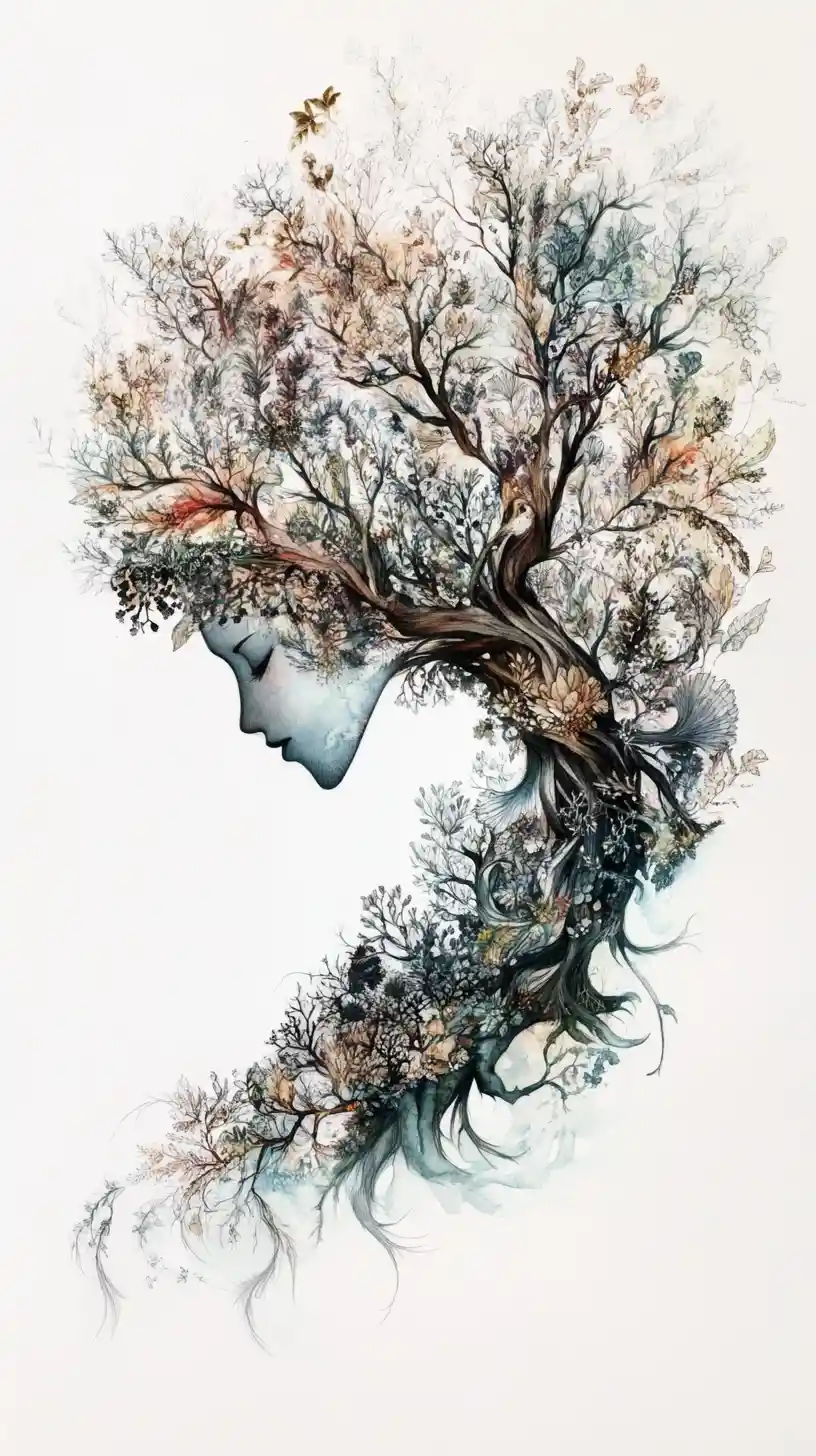Elf Standing Beside An Ancient Tree Of Layered Sketches