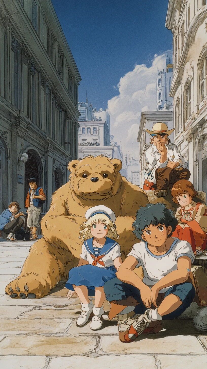 アニメ風の子どもたちとクマのクリーチャーがいる街角