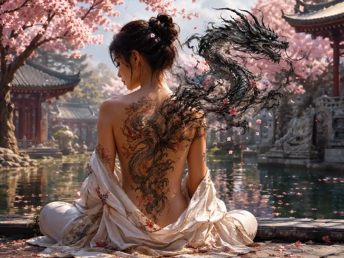 Meditating woman in a quiet temple courtyard at dusk