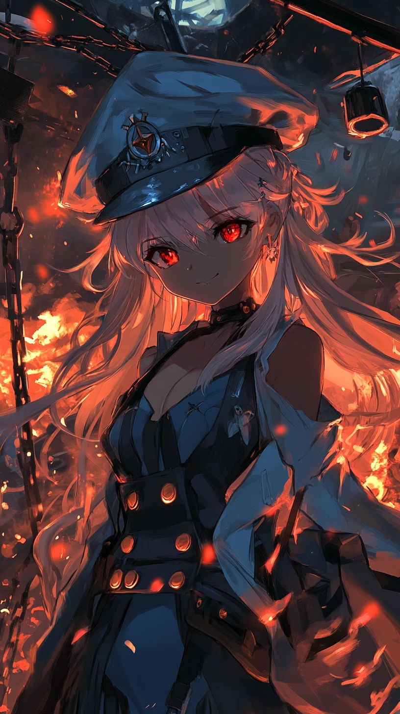 Smiling fire monster blazing in blue flames among ruins