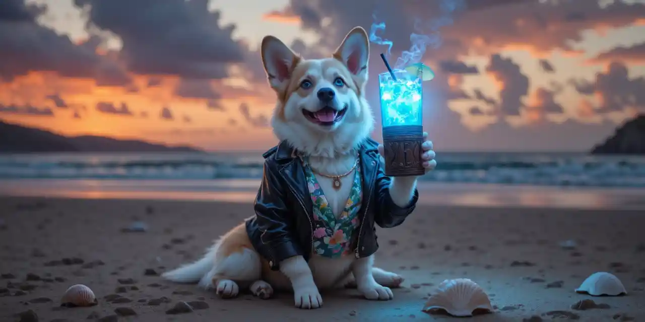Cheerful corgi in a hawaiian shirt relaxing on the beach