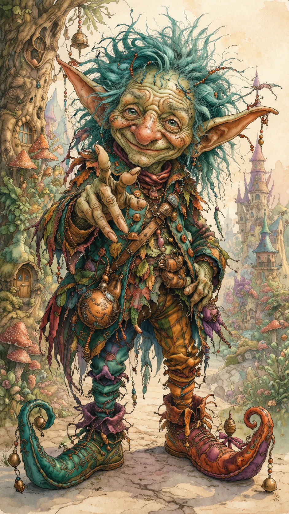Quirky elf like forest creature in a whimsical fantasy world