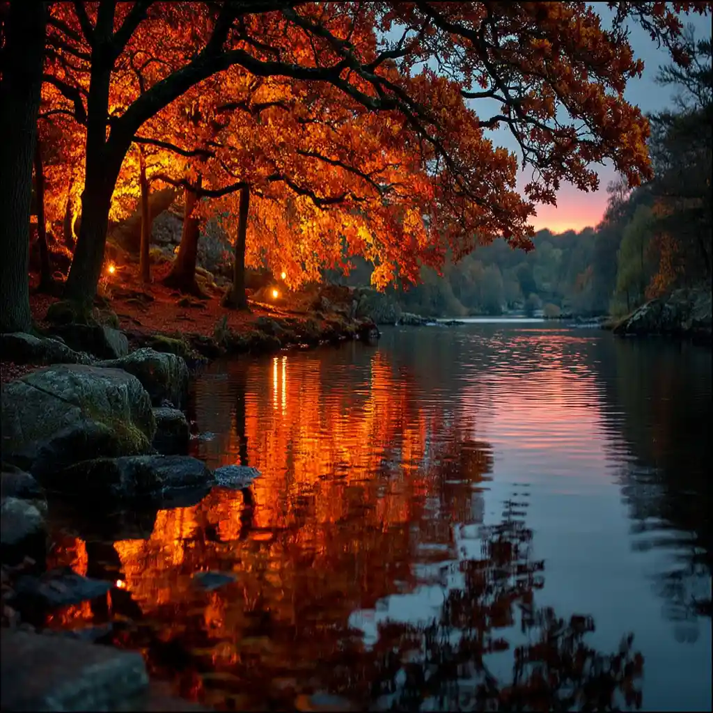 Autumn forest river reflecting fiery foliage in still water