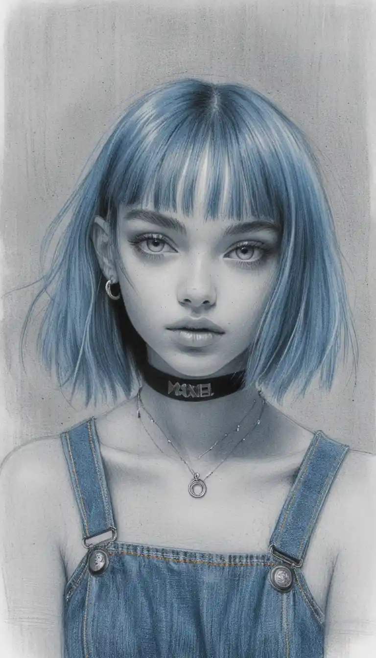 Young woman portrait with silver bob and blue eyes