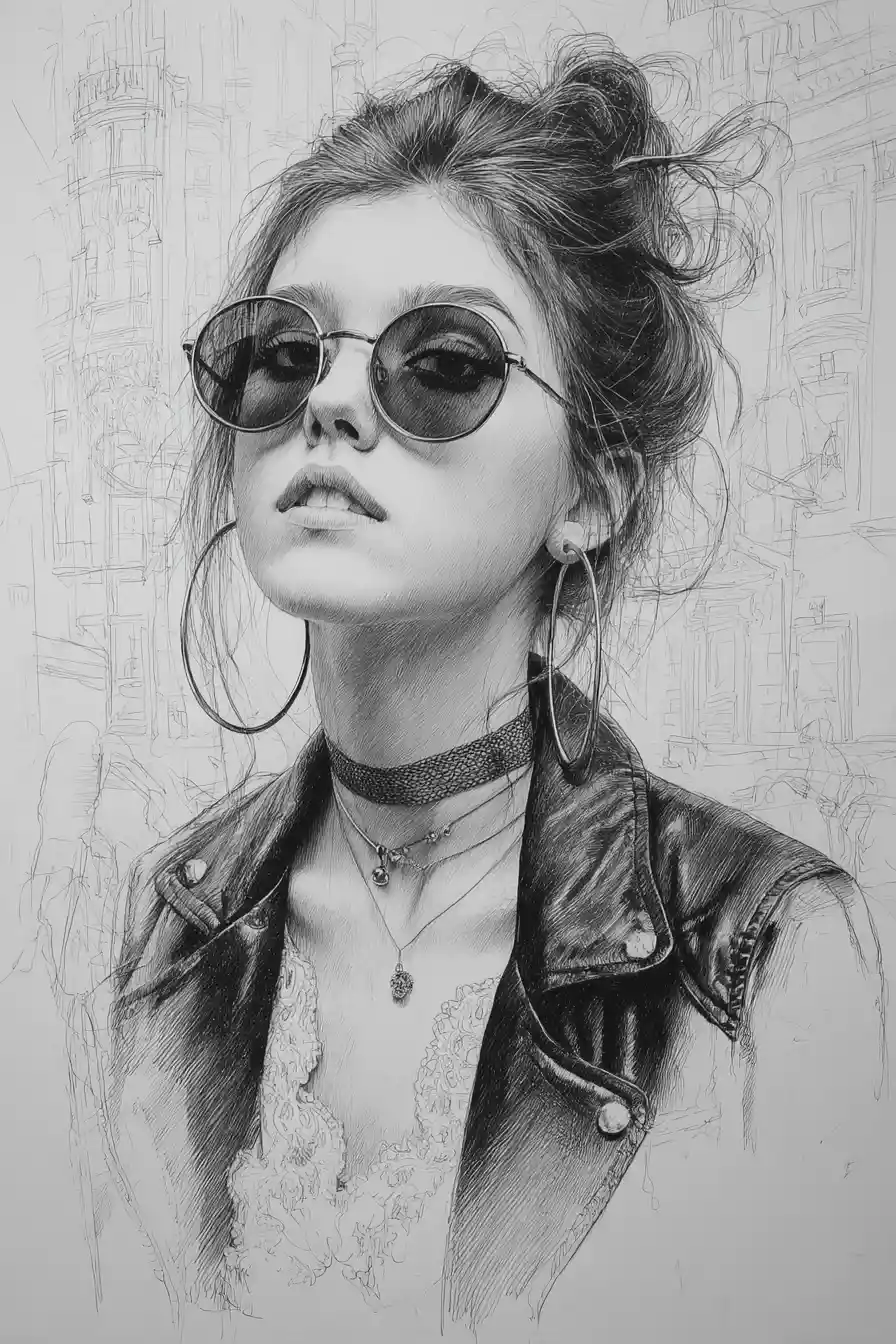 Pencil portrait of a girl in round sunglasses and hoops