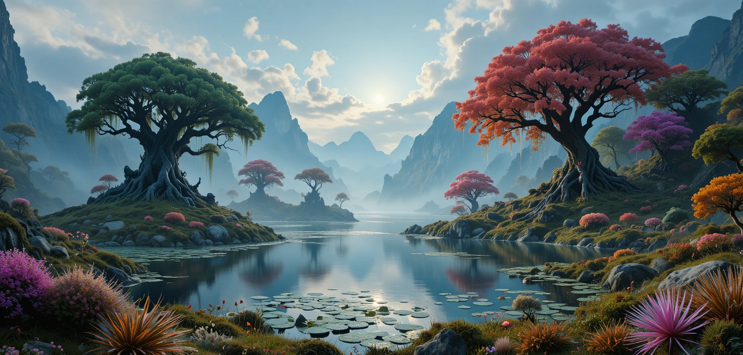Dreamlike fantasy trees over misty water at sunrise