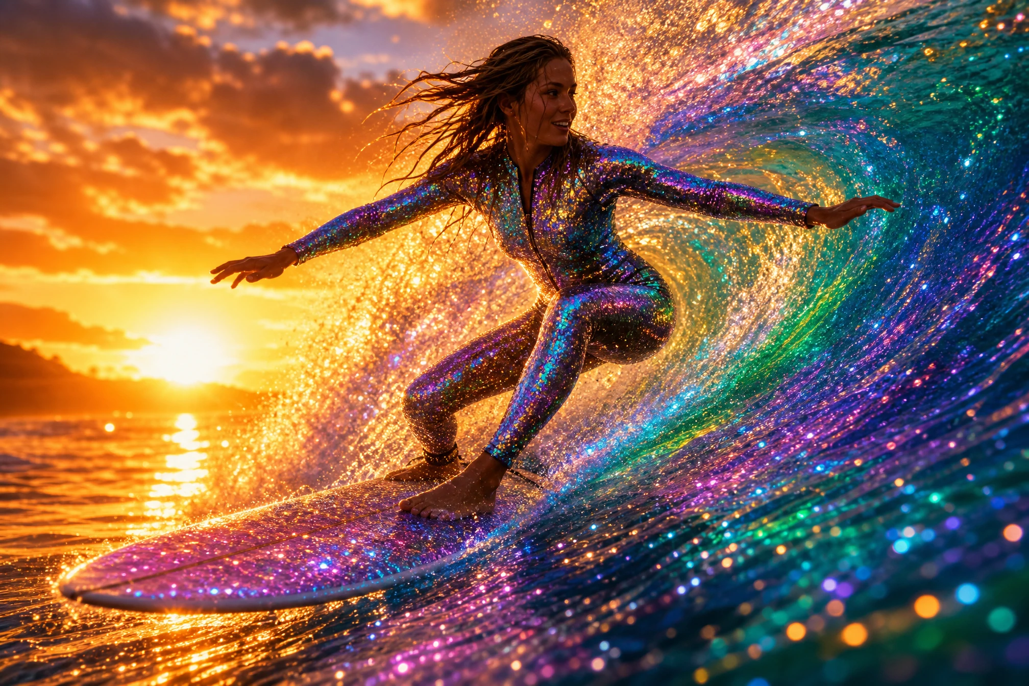 Female surfer riding a glowing glittering wave at sunset