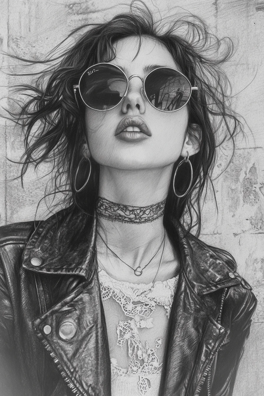 Pencil portrait of a girl in round sunglasses and choker
