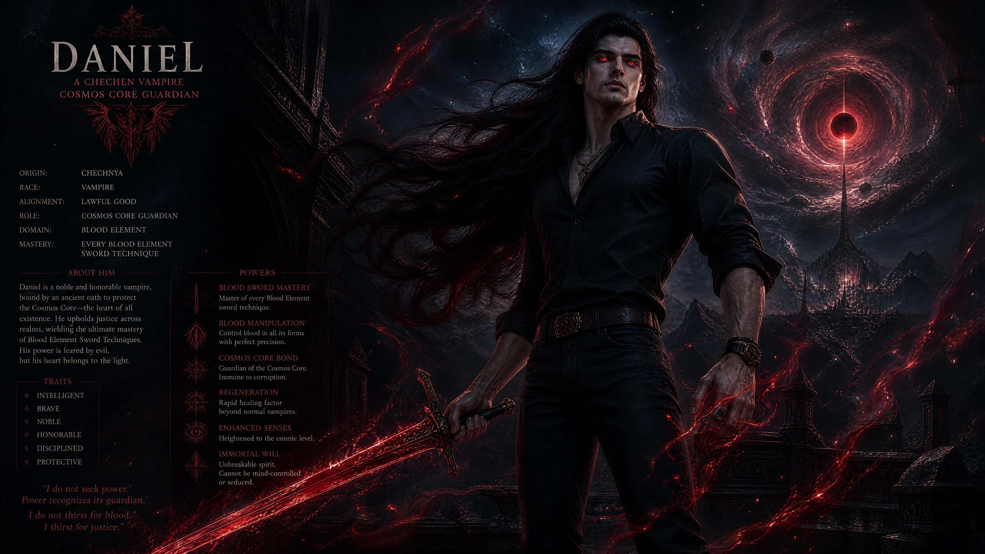 Chechen vampire warrior with flaming black hair and red eyes