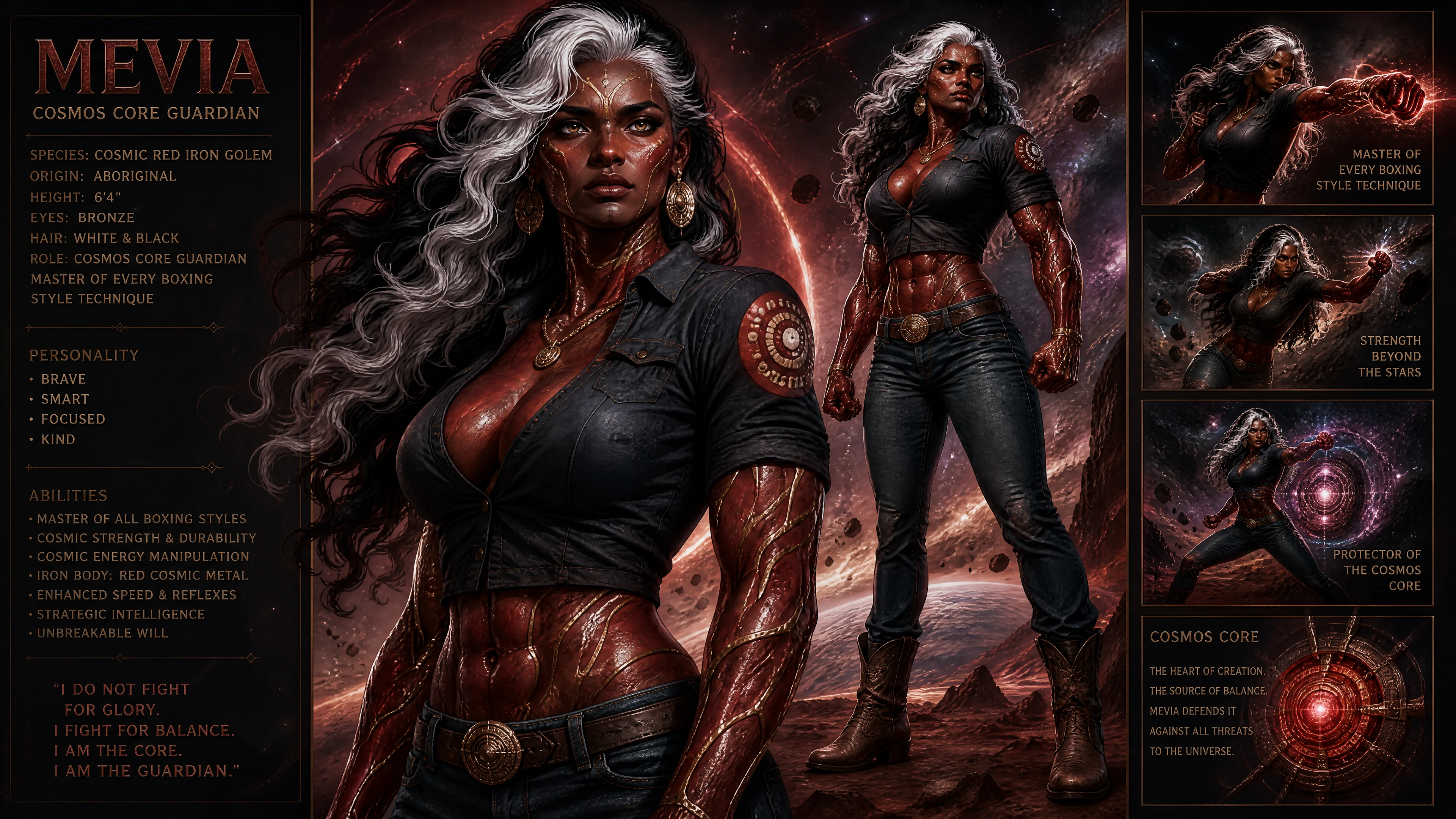 Cosmic iron guardian woman with flowing two tone hair