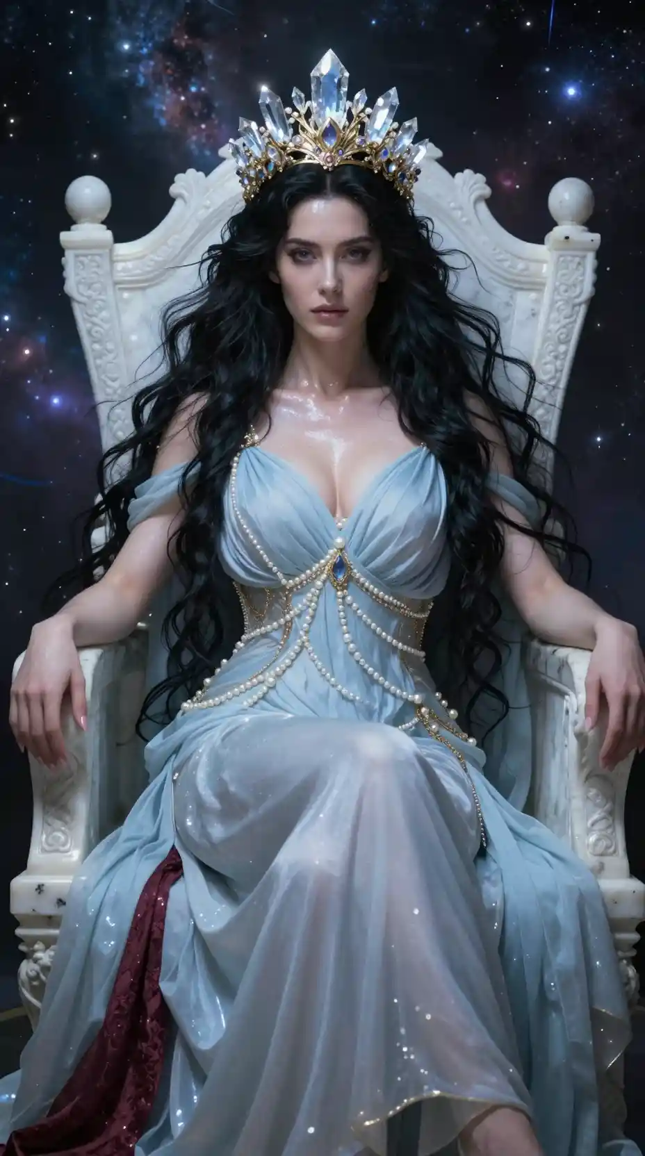 Regal dark haired queen on a marble throne