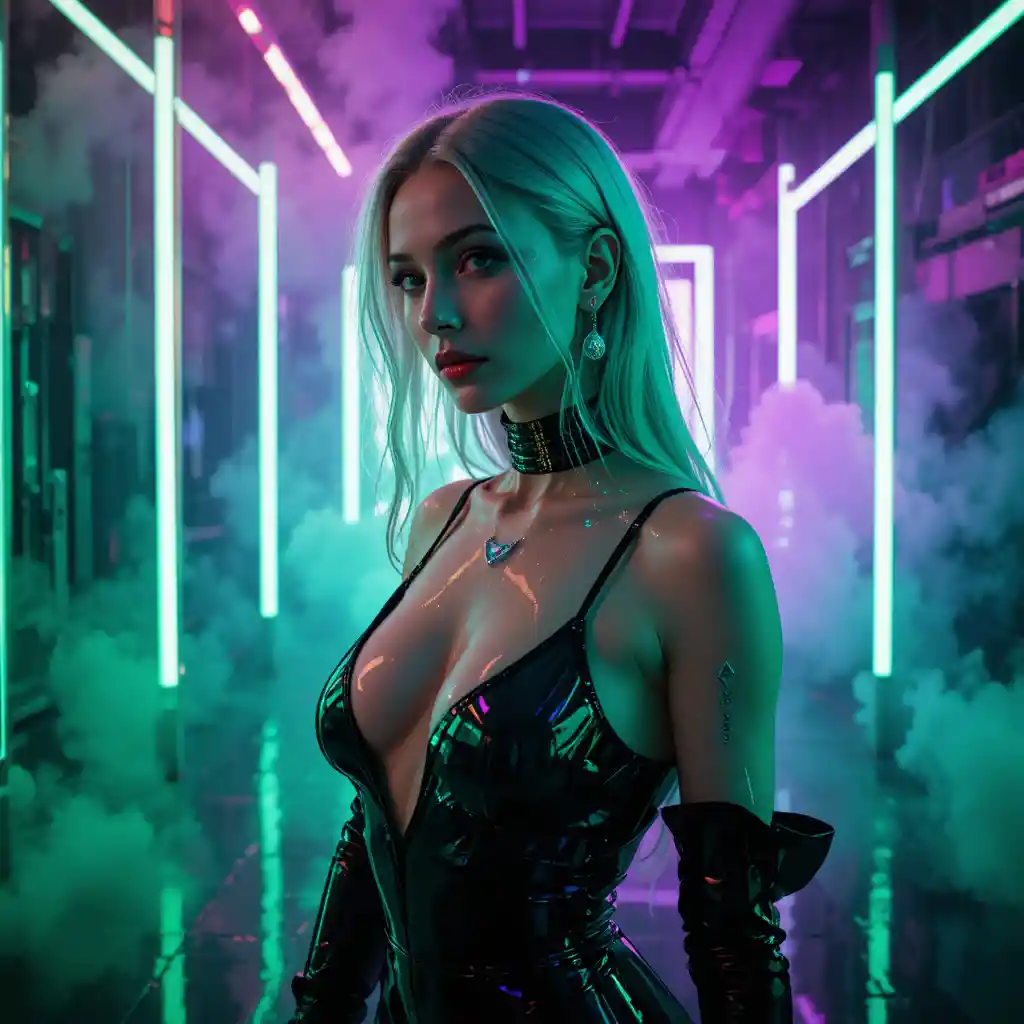 Cyberpunk fashion portrait of a neon lit femme fatale