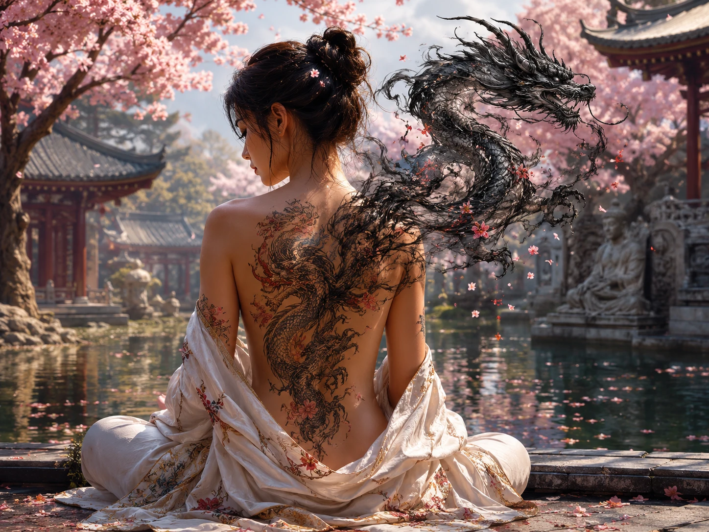 Meditating woman in a quiet temple courtyard at dusk