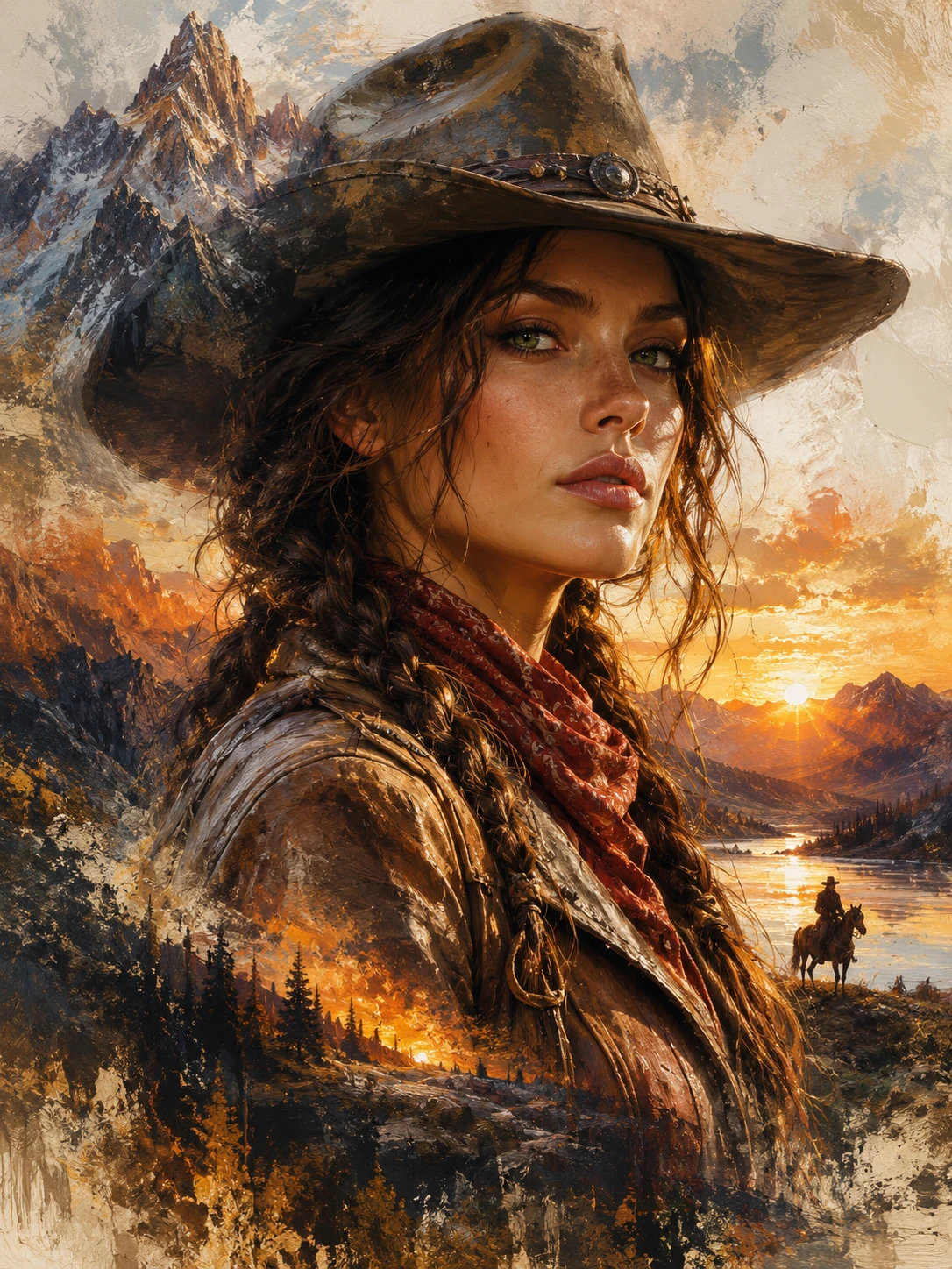 Retrato de vaquera frente a un paisaje montañoso brillante al atardecer